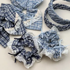 Accessoires Cheveux en Tissu Plaid Bleu Avec Nœud et Dentelle Choucou Serre-tête Foulard pour Femmes Filles Style Frais