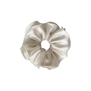 Elegant four-layer beige satin scrunchie with pleated silk texture for women hairstyles