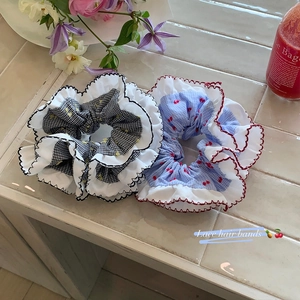 Chouchous à Carreaux à Double Couche avec Volants Style Coréen pour Femmes Fait Main en Tissu Bordure Dentelle Accessoires Cheveux