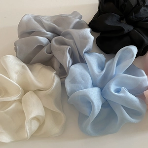 Elegant solid color oversized mesh organza scrunchies in white, blue, and grey colors