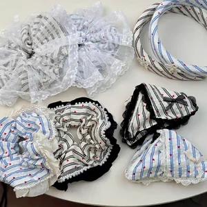 French Ballet Style Heart Stripe Lace Scrunchie Artificial Pearl Fabric Hairband Sweet Vintage Bow Hair Clip Women Hair Accessories