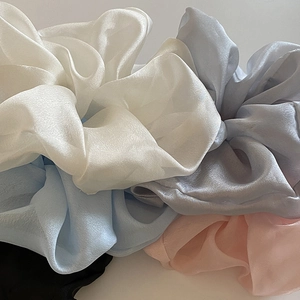 Satin silk hair scrunchies set in white, blue, grey, pink and black with soft pleats