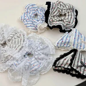 French ballet style striped hair scrunchies with lace and pearls for elegant hairstyles
