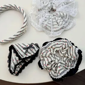 French ballet style lace scrunchie set with red heart stripes and faux pearl trim