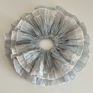 French style double-layered pleated mesh scrunchie in grey and white chiffon fabric
