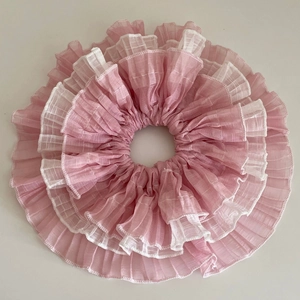 French style dual-tone pink and white ruffled chiffon scrunchie with layered lace design