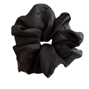 Elegant large black mesh scrunchie with satin finish and vintage pleated hair tie design