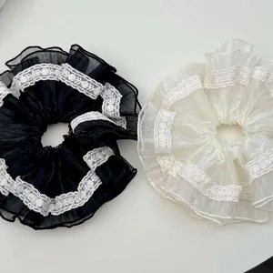 Elegant French lace ruffled scrunchies in black and beige sheer fabric for women
