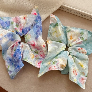 Floral oil painting chiffon scrunchies set with wide bow design for women's hairstyles