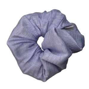 Lavender pleated scrunchie with handmade tag for minimalist ponytail hairstyles