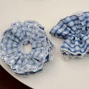 Elegant grey-blue plaid scrunchie set with white lace trim and bow for elegant hairstyles