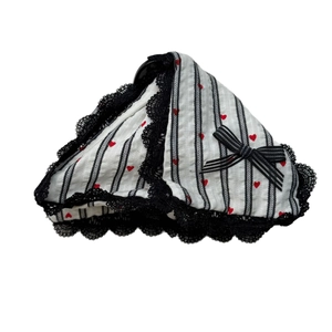 French style hair scrunchie with red hearts, black stripes and lace edging detail
