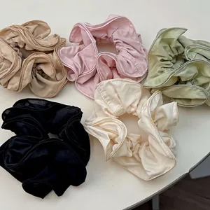 5-pack oversized solid color satin scrunchies with ruffled edges for women hair styling