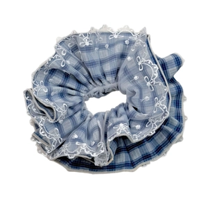 Elegant grey-blue plaid scrunchie with white lace embroidery and chic bow tie design