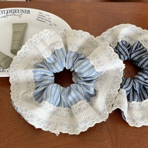 Lace Trim Striped Scrunchie Cotton Blend Ruffle Hair Tie Elastic Ponytail Holder French Retro Style Hair Accessory Women