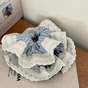 Chic blue lace striped oversized scrunchie for women with a vintage ballet core aesthetic