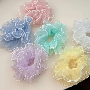 6-piece set of pastel polka dot organza hair scrunchies with wavy pleated edges