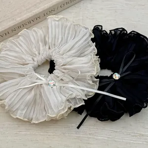 Scrunchies in chiffon stile francese con fiocco di strass in eleganti colori bianco e nero