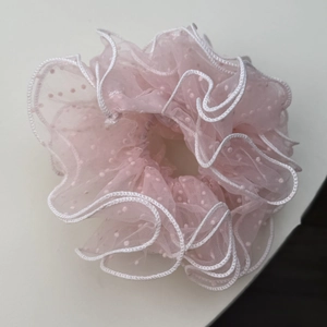 Pink oversized mesh hair scrunchie with polka dots and ruffled edges for women