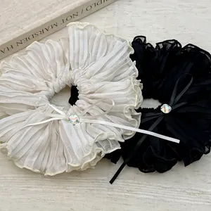 Scrunchie per Capelli in Chiffon Plissettato Francese Con Fiocco in Strass Grande Anello Elastico per Capelli Vintage per Donna