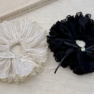 Eleganti elastici per capelli francesi a pieghe con fiocco e strass in nero e bianco