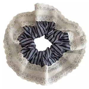 Sweet ballet style blue lace striped scrunchie with white floral edge for hair