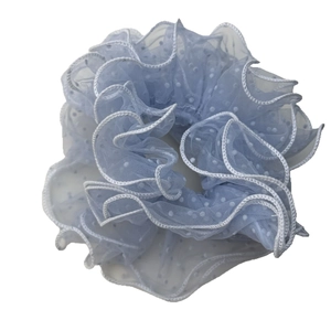 Light blue mesh polka dot scrunchie hair tie with delicate pleated edges for women