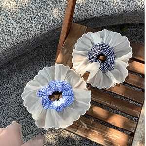 French style lace petal plaid hair scrunchies in blue and black organza patterns