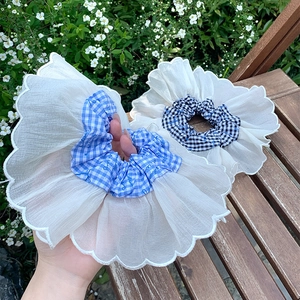 French lace petal plaid scrunchies for ponytail in blue and black gingham pattern