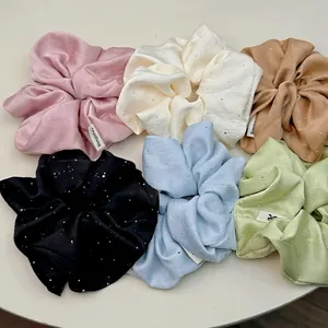Satin silk hair scrunchie set with sparkling rhinestones in six various pastel colors
