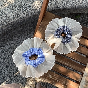 French Style Plaid Organza Scrunchies Large Flower Hair Ties Scalloped Edge Balletcore Elastic Hair Bands For Women Girls