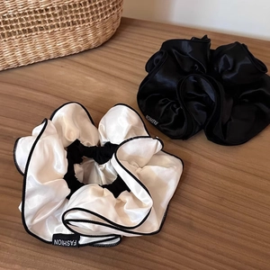 Elegant large double-layer white satin scrunchies with black piping and fashion label