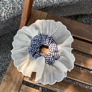 French lace gingham scrunchie with organza petal edges for ballet style ponytail styles