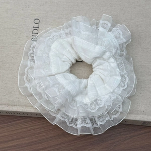 Dettaglio macro dell'elastico in pizzo bianco con ricami floreali e strati di tulle