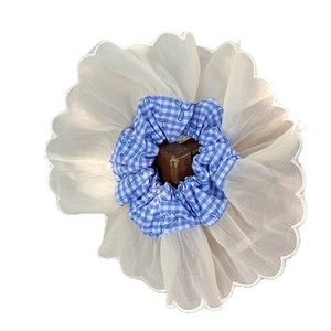 Lace petal plaid scrunchie with organza edge and blue starry patterns for women