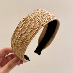 Fashionable summer raffia woven headband in natural beige with non-slip black inner lining