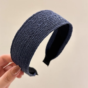 Handmade navy blue woven raffia headband for women with non-slip lining for summer style