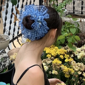 Grand Chouette à Carreaux Bleus en Maille Style Coréen pour Femmes Doux Élastique à Cheveux à Volants Support de Queue de Cheval Fait à la Main Accessoires pour Cheveux
