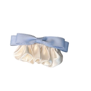 Elegant light blue satin bow hair clip with pleated cream ribbons for women hair styling