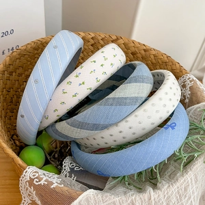 Serre-tête Rembourré en Tissu à Rayures Bleues pour Femmes High Cranial Top Simple Floral Nœud Éponge Accessoires Cheveux