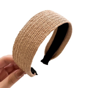 Natural raffia woven wide headband in light brown with black inner lining for summer