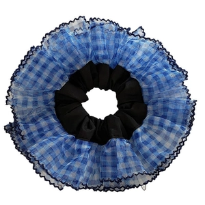Chouchou en résille à carreaux bleus style coréen avec bords ondulés pour chignon
