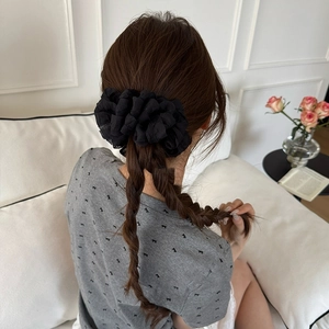 French retro style large black oversized organza scrunchie hair tie for women