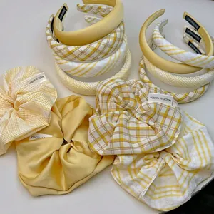 Chouchous en Tissu à Carreaux Jaunes de Style Coréen Et Serre-têtes Rembourrés Larges pour Femmes Accessoires de Coiffure Coton