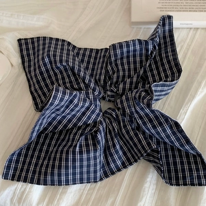 Plaid checkered fabric oversized bow hair scrunchie in navy blue and white college style