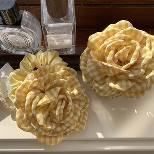Exquisite yellow and white plaid fabric flower hair accessories for a fresh French style