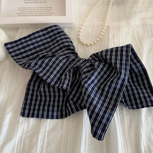 American college style blue and white plaid bow hair scrunchie with French retro aesthetic