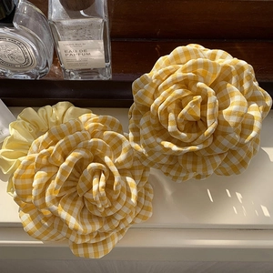Yellow Gingham Fabric Flower Hair Claw Clip Scrunchie French Elegant Floral Hair Styling Accessories For Women Daily