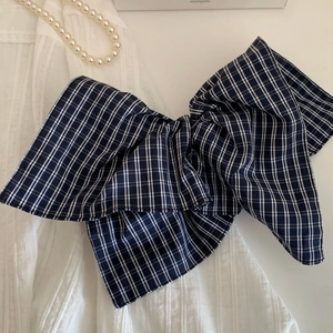 American style blue and white plaid fabric oversized bow scrunchie for low ponytail styling