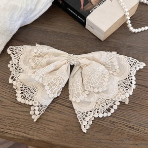 French Vintage Lace Bow Hair Clip Elegant Large Spring Clip With Faux Artificial Pearl Cream White Floral Hairpin For Women Party Jewelry